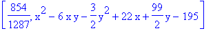 [854/1287, x^2-6*x*y-3/2*y^2+22*x+99/2*y-195]